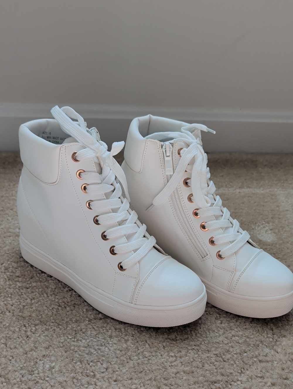 Lulu's White Wedge High-Top Sneakers with Rose Gold Eyelets